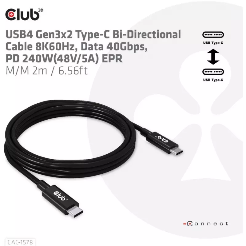 CLUB3D USB4 Gen3x2 Type-C bidirektionales Kabel 8K60Hz, Daten 40Gbps, PD 240W(48V/5A) EPR M/M 2m / 6.56ft