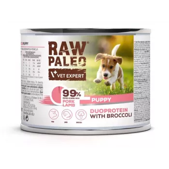Nassfutter für Hunde VETEXPERT RAW PALEO Duoprotein Schwein & Lamm Puppy 200 g, gluten- und sojafrei, Feuchtigkeit 81%
