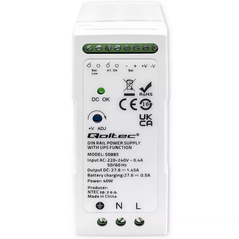 Qoltec 50885 Stabile Hutschienen-Stromversorgung mit USV-Funktion | 40W