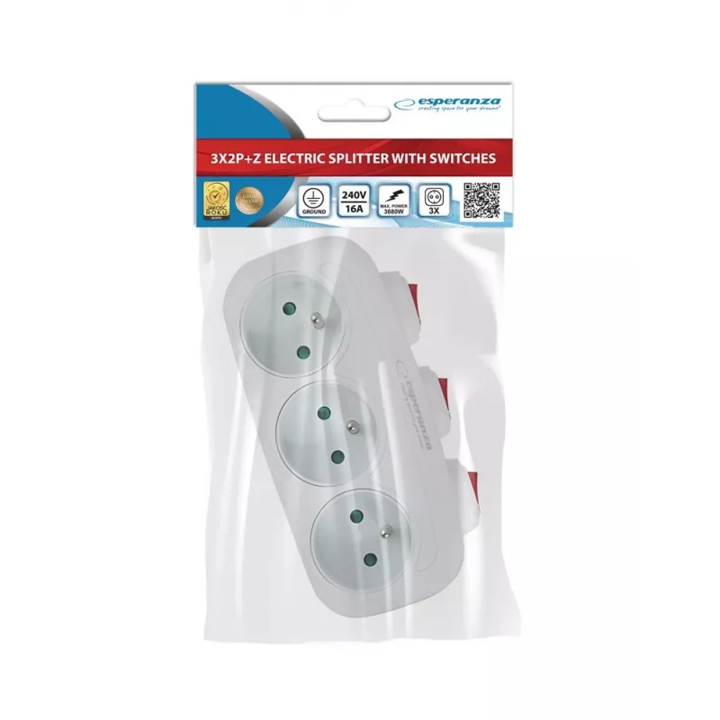 Stromverteiler ESPERANZA ELK307W — 3-fach geschalteter Innenadapter, Stecker Typ E, 220–240 V, 16 A, 3680 W, weiß