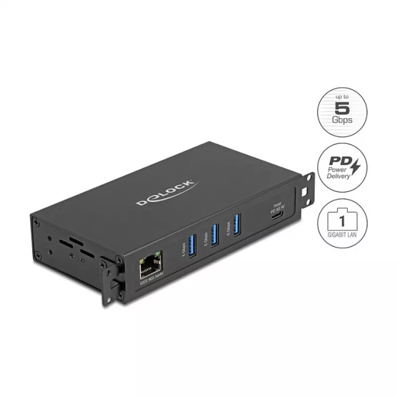 USB-Hub DELOCK 3-Port 5 Gbit/s mit RJ45 Gigabit PoE++ und USB Type-C-Host, Metallgehäuse, 1,5 kV Isolation, schwarz