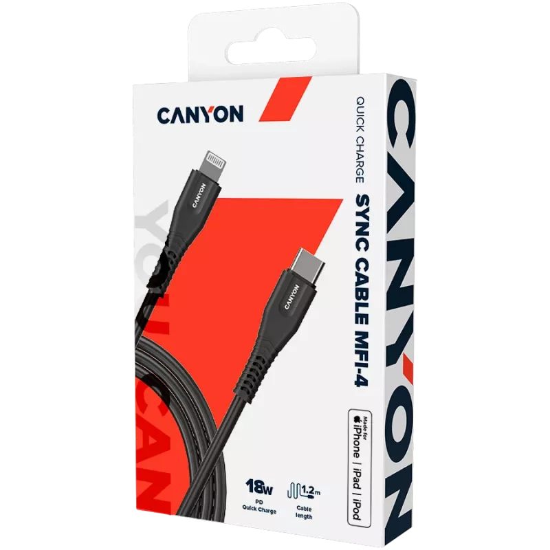 CANYON Kabel MFI-4 Type-C auf Lightning 1,2m Schwarz