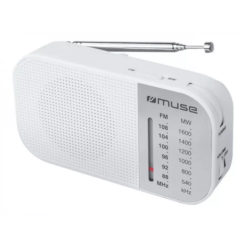 Tragbares Radio Muse M-025 RW — analoges UKW/MW, weiß, batteriebetrieben, externe Antenne