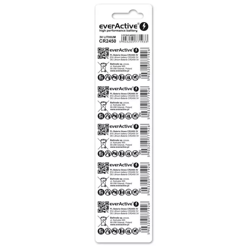 Button-/Knopfzellen-Lithiumbatterie everActive CR2450, 3 V, 5 mm Höhe — 5er-Pack