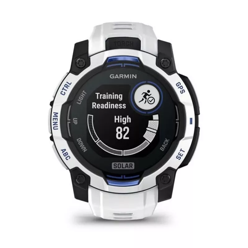 Smartwatch GARMIN Instinct 2 45 mm, MIP 0,9 Zoll (176×176), GPS, Solar, Silikonarmband Blau/Weiß