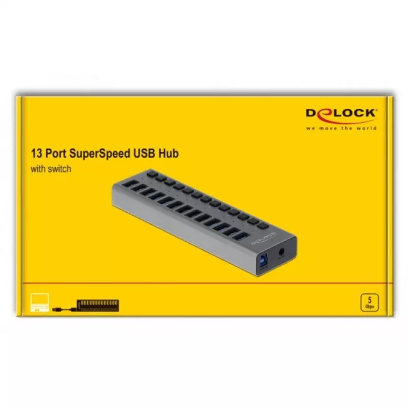DeLOCK Externer USB 5 Gbit/s Hub mit 13 Ports + Schalter, USB 3.2 Gen 1 (3.1 Gen 1) Type-B, USB 3.2 Gen 1 (3.1 Gen 1) Type-A, 5000 Mbit/s, Grau, Aluminium, 1 m