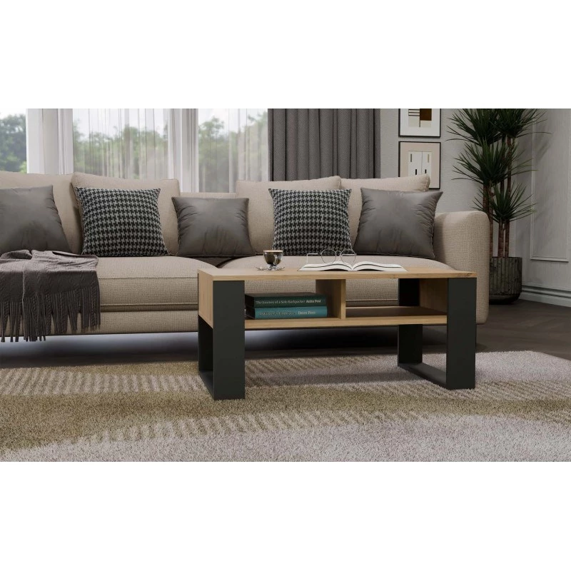 Couchtisch top e shop Modern 90×58×50 cm, anthrazitfarbener Rahmen, Regalböden in Eiche Artisan matt