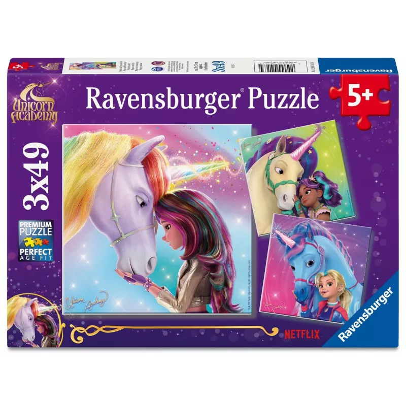 Puzzle Ravensburger Unicorn Academy – 3 x 49 Teile, Set für Kinder