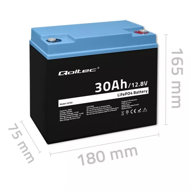 Wiederaufladbare LiFePO4-Batterie QOLTEC 12,8V 30Ah 384Wh mit BMS