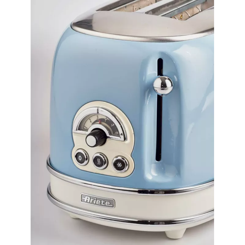 Ariete 155 Design 2-Scheiben-Toaster mit Sandwich-Körben, 6 Bräunungsstufen, 810 W, Edelstahlgehäuse, herausnehmbare Krümelschublade, Pastellblau
