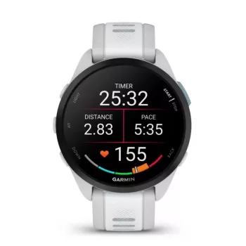 Smartwatch GARMIN Forerunner 165 — GPS, AMOLED 1,2 Zoll, 4 GB, 5 ATM, 11 Tage Akku, Graues Gehäuse, Weißes Armband
