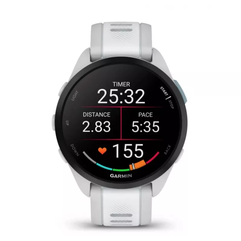 Smartwatch GARMIN Forerunner 165 — GPS, AMOLED 1,2 Zoll, 4 GB, 5 ATM, 11 Tage Akku, Graues Gehäuse, Weißes Armband