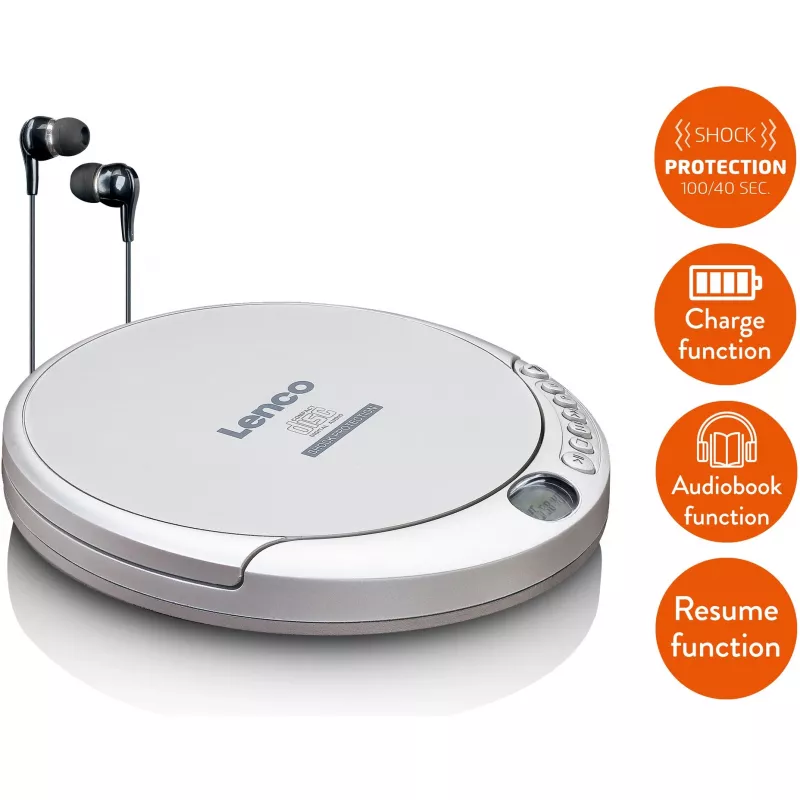 Lenco CD-201SI Tragbarer CD-Player mit Hörbuch- und Ladefunktion, silber