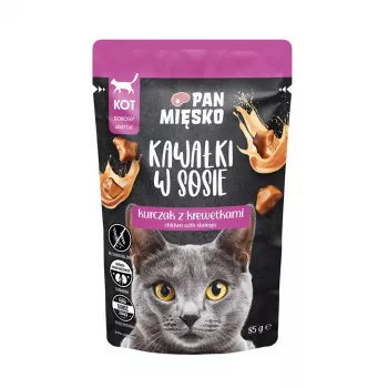 Nassfutter für Katzen Pan Mięsko Stücke in Sauce — Huhn mit Garnelen, 85 g, ausgewachsene Katzen, Feuchtigkeitsgehalt 81%