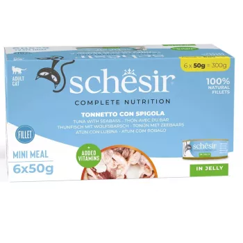 Nassfutter für Katzen Agras Pet Foods Schesir Thunfisch mit Wolfsbarsch in Gelee, 6×50 g (300 g), ausgewachsen