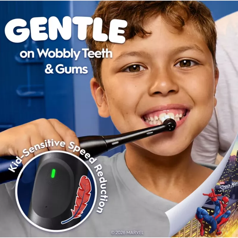 Elektrische Zahnbürste BRAUN Oral‑B iO Kids Marvel Spiderman — wiederaufladbar, 3 Modi, 2‑Minuten‑Musiktimer, Reiseetui, 1 Bürstenkopf, Lithium‑Ionen