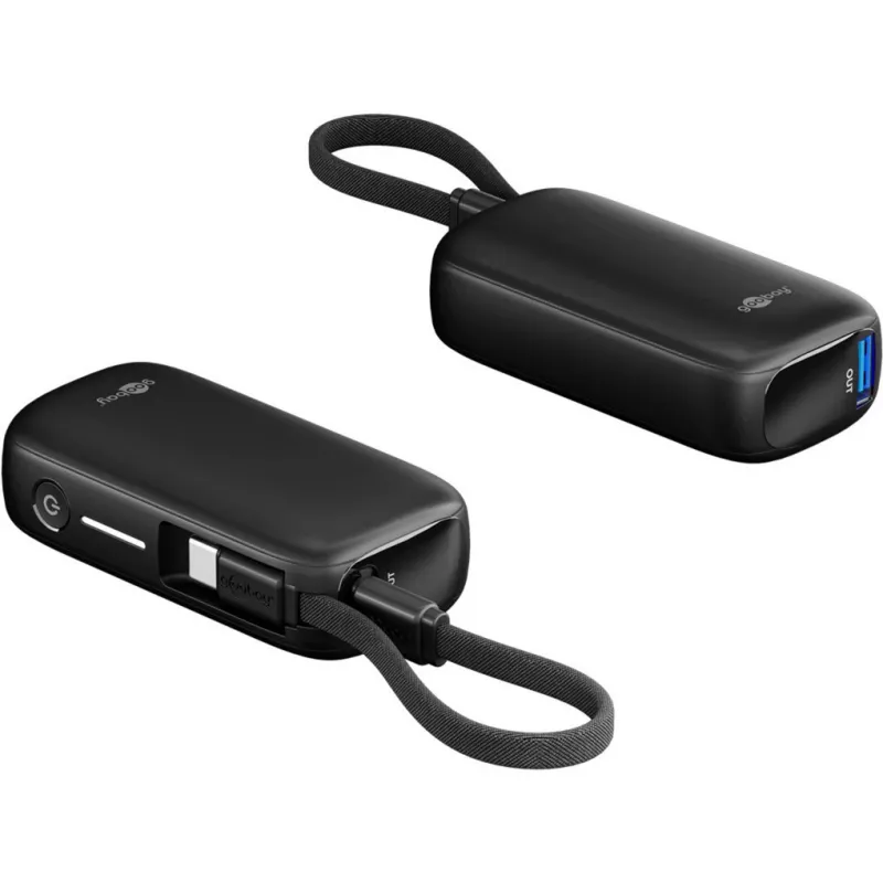 Powerbank 5.000 mAh, integriertes USB-C-Kabel 13 cm, 20 Watt (Schwarz, 5 Ah, 1x USB-A, 1x USB-C, PD, QC)