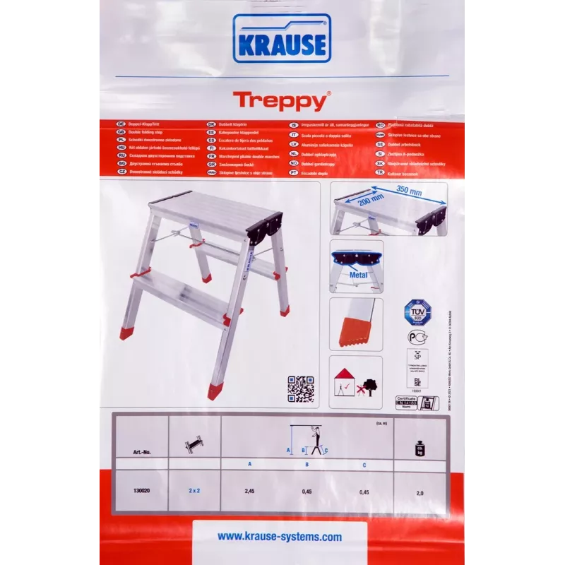 Klapptrittleiter Krause Treppy Silber 130020 — Aluminium, 2 Stufen, 150 kg Tragfähigkeit, zusammengeklappt 55×20 cm, Gewicht 2 kg