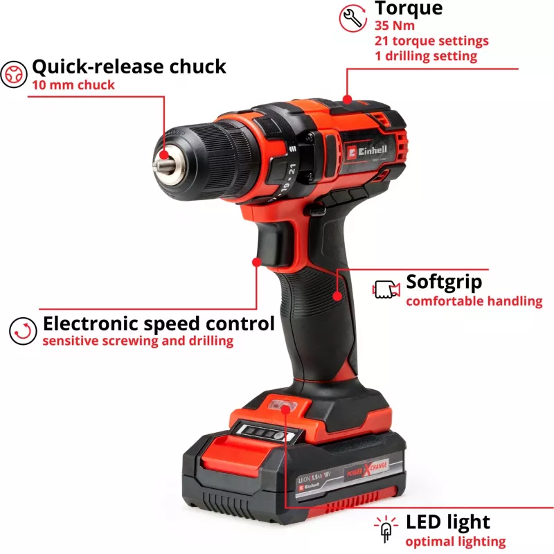 Akkuschrauber Einhell 4513914, 18V Lithium-Ion, 185x63x188 mm