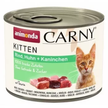 Nassfutter für Katzen animonda Carny RIND HUHN KANINCHEN 200 g Dose — junior, 10,5 % Protein, 6,3 % Fett, 80 % Feuchtigkeit