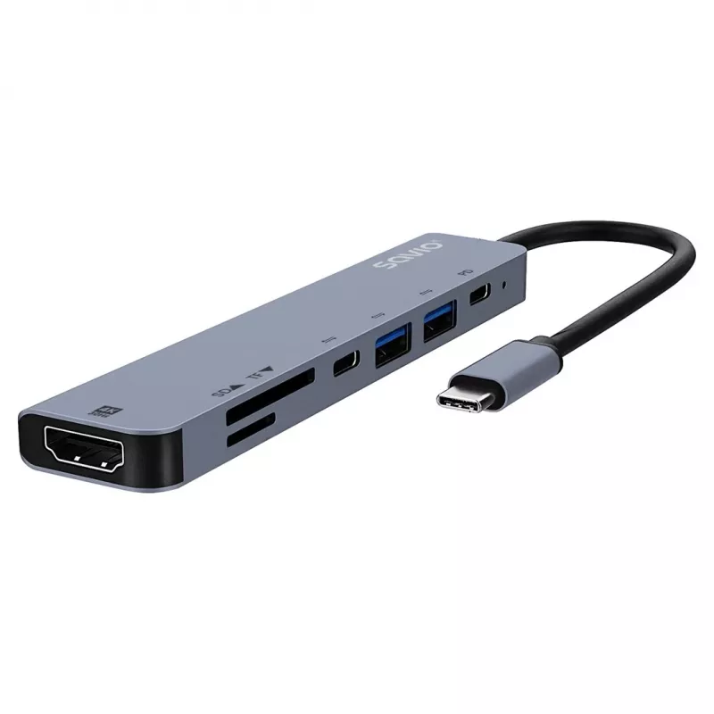 USB Typ-C Hub SAVIO AK-82 mit HDMI, MicroSD, USB 3.2 Gen1, PD-Durchgang, 4K@30Hz, 5000 Mbit/s, schwarz