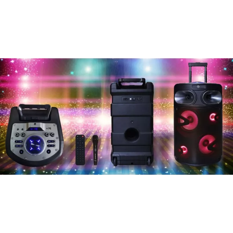 Tragbarer Bluetooth-Karaoke-Lautsprecher MANTA SPK0803B140 140W, batteriebetrieben, MIC/USB/microSD, FM, Equalizer, Rollen