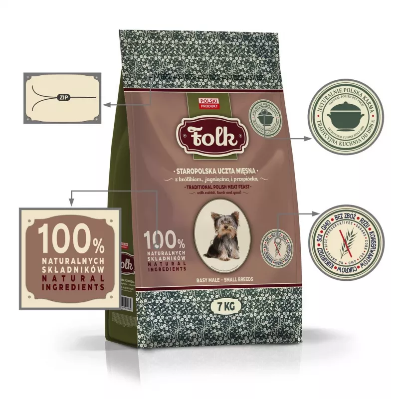 FOLK Small breeds Traditional polish meat feast mit Kaninchen, Lamm und Wachtel – Trockenhundefutter – 7 kg