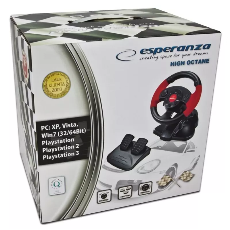 Lenkrad ESPERANZA EG103 Gaming-Controller — PC/PS2/PS3, 13 Tasten, Vibration, Beschleunigungssensor, schwarz/rot