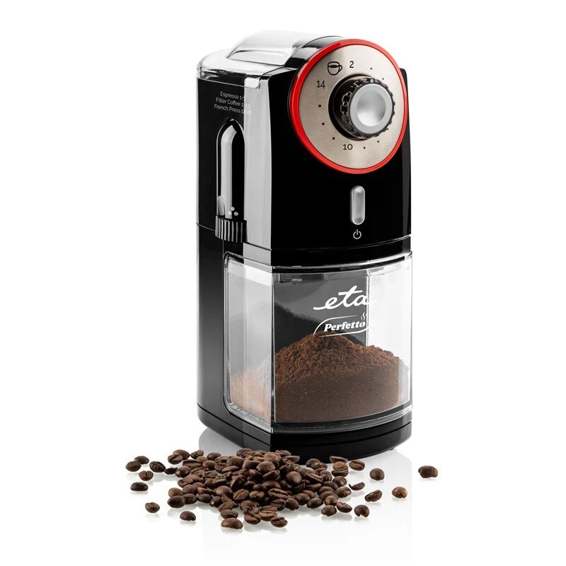 Kaffeemühle ETA Perfetto ETA006890000 — 100 W Motor, 200 g Bohnenbehälter, bis zu 14 Tassen, Deckelsicherheitsschalter, schwarz