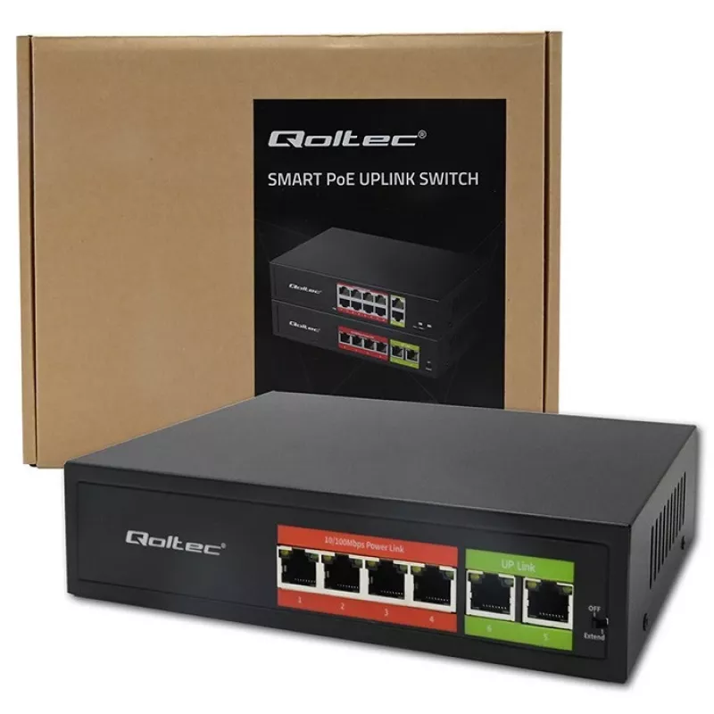 Ethernet PoE Switch QOLTEC 52289 — 4x RJ45 PoE-Ports, 2x RJ45 Uplink, 65W PoE-Budget