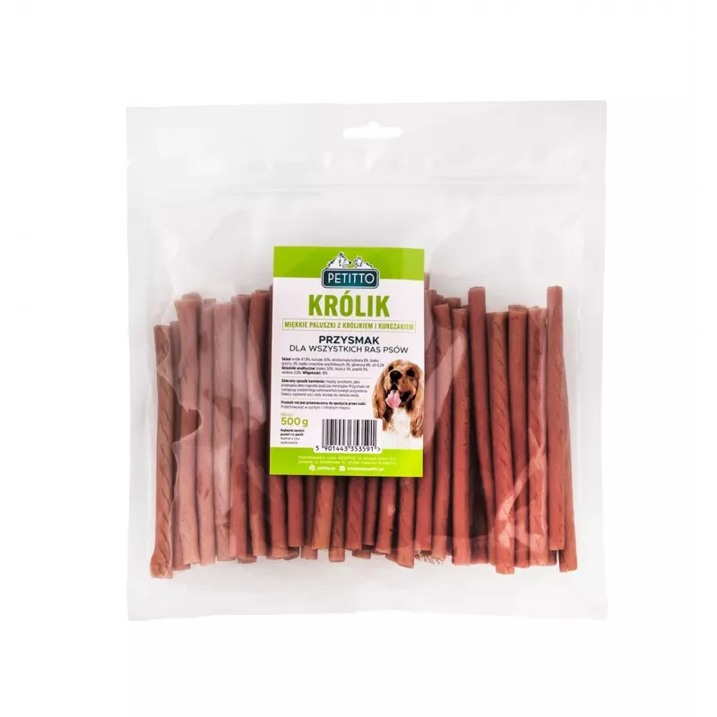 Hundeleckerli PETITTO Soft rabbit fingers — Hasengeschmack-Soft-Kaustreifen für Hunde, 500 g, Trainingsleckerli, ausgewachsen, sojafrei, glutenfrei