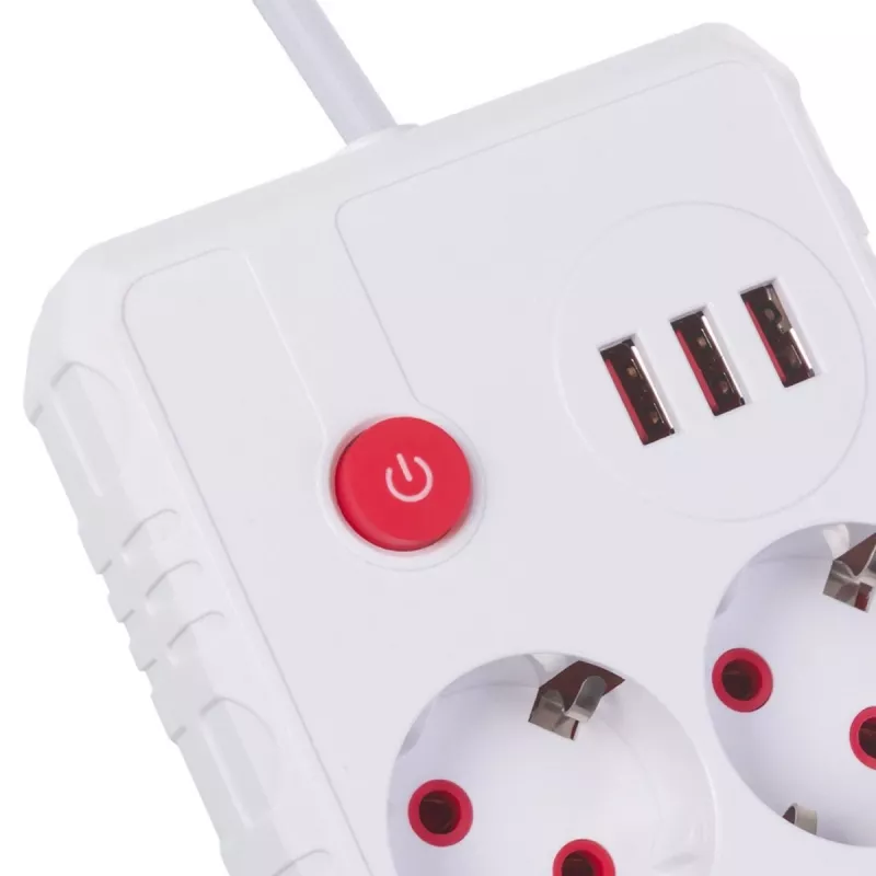Steckdosenleiste MACLEAN MCE387 W — 2 Steckdosen, 3×USB A, 110–240 V, 2500 W, 1,5 m Kabel, weiß