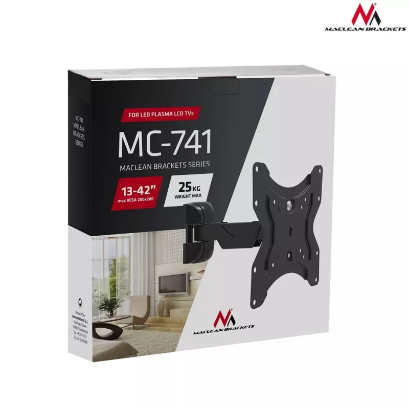 TV-Wandhalterung MACLEAN MC-741 für Bildschirme von 33–106,7 cm (13 Zoll–42 Zoll), VESA 75x75–200x200, max. Belastung 25 kg, schwarz