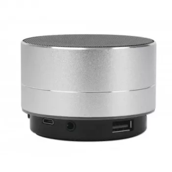 Manhattan Metallic Bluetooth-Lautsprecher, spritzwassergeschützt, Reichweite 10 m, microSD-Kartenleser, Aux 3,5 mm Anschluss, USB-A Ladekabel im Lieferumfang (5V-Ladung), Silber, Drei Jahre Garantie