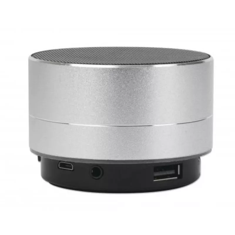Manhattan Metallic Bluetooth-Lautsprecher, spritzwassergeschützt, Reichweite 10 m, microSD-Kartenleser, Aux 3,5 mm Anschluss, USB-A Ladekabel im Lieferumfang (5V-Ladung), Silber, Drei Jahre Garantie
