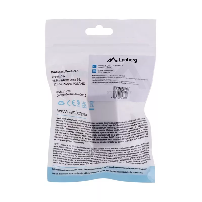 LANBERG Kabel-Geschlechtswandler RJ-45 auf RJ-45, Buchse–Buchse, U/UTP Cat5e, weiß