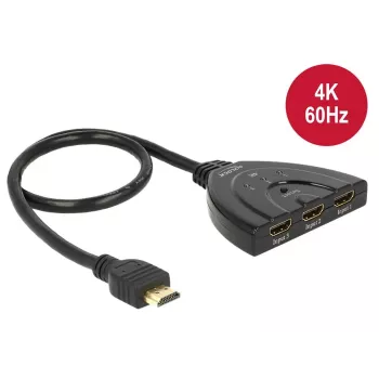 Delock 18600 HDMI UHD Umschalter 3 x HDMI Eingang > 1 x HDMI Ausgang, 4K, integriertes 50 cm Kabel, Fernbedienung, Schwarz