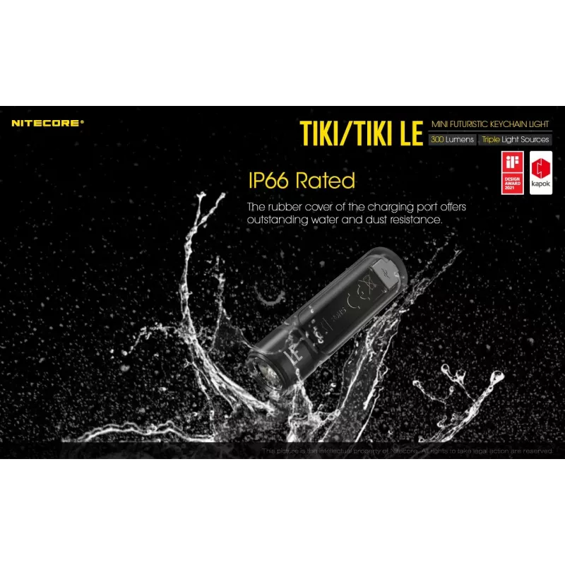Handtaschenlampe Nitecore TIKI LE — 300 lm, USB-wiederaufladbar, Polycarbonat, IP66, stoßfest, 10,5 g, 55 mm, Schwarz