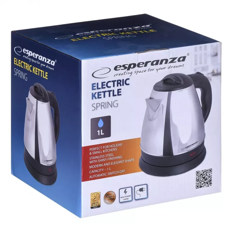 Wasserkocher ESPERANZA 1,0 L Edelstahl und Kunststoff, 1350 W, kabellos, automatische Abschaltung