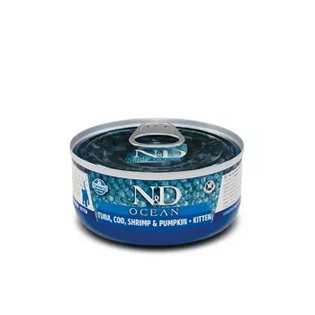 Nassfutter für Katzen Farmina N&D Ocean Kitten Thunfisch, Kabeljau & Garnelen mit Kürbis 70 g Dose