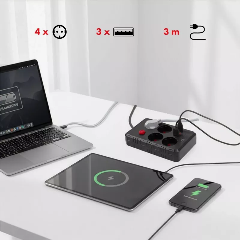 Steckdosenleiste MACLEAN MCE393 B — 4 Steckdosen, 3×USB, 110–240 V, 2500 W, 3 m Kabel, schwarz