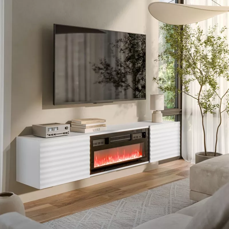 TV-Schrank Cama Meble TULA mit elektrischem Kamin, 1830×350×370 mm, weiße matte Oberseite und Rahmen