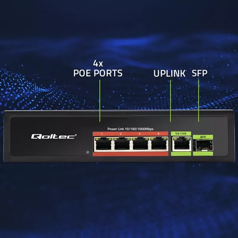 Ethernet PoE Switch QOLTEC 52296 — 4x RJ45 PoE-Ports, 1x RJ45 Uplink