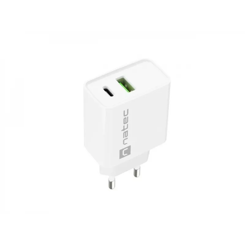 Netz-Schnellladegerät NATEC RIBERA 12V 20W USB-C PD 3.0 + USB-A Samsung AFC Weiß