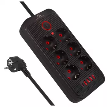 Steckdosenleiste MACLEAN MCE389 B — 6 Steckdosen, 4×USB-A + 1×USB-C, 110–240V, 2,1A, 2500W, 1,5 m Kabel, schwarz