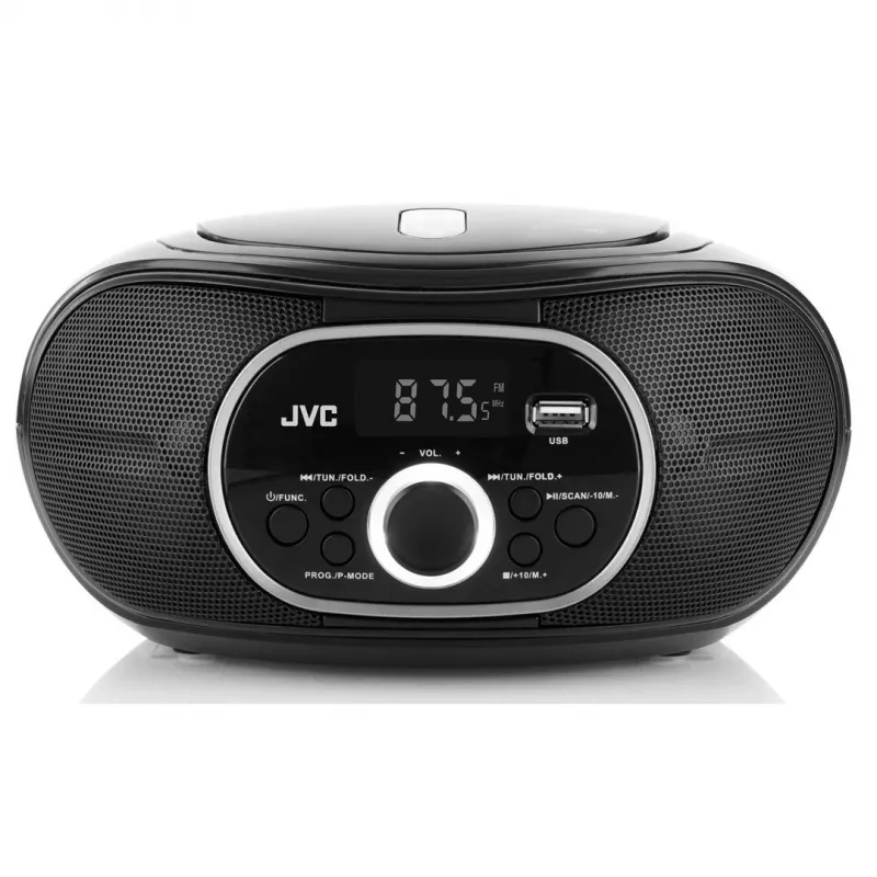 Tragbarer CD-Player JVC RD‑E221B — schwarz, CD/MP3, Kassettendeck, USB-Wiedergabe, UKW-Radio, AUX, Batterie-/Netzbetrieb