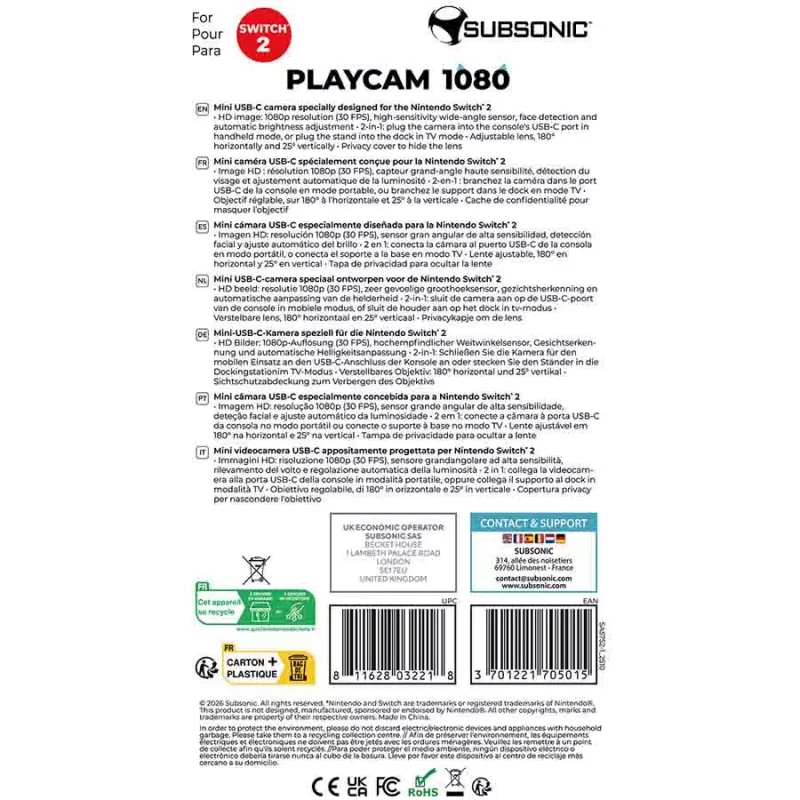 Subsonic Playcam 1080 2in1 HD Mini Kamera für Nintendo Switch 2 Rot