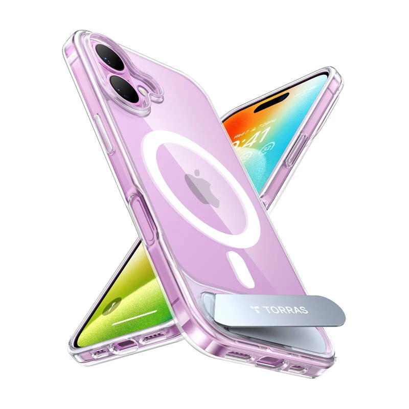 Torras Pstand Series Hülle für iPhone 16 Plus — transparente Schutzhülle mit integriertem Kickstand