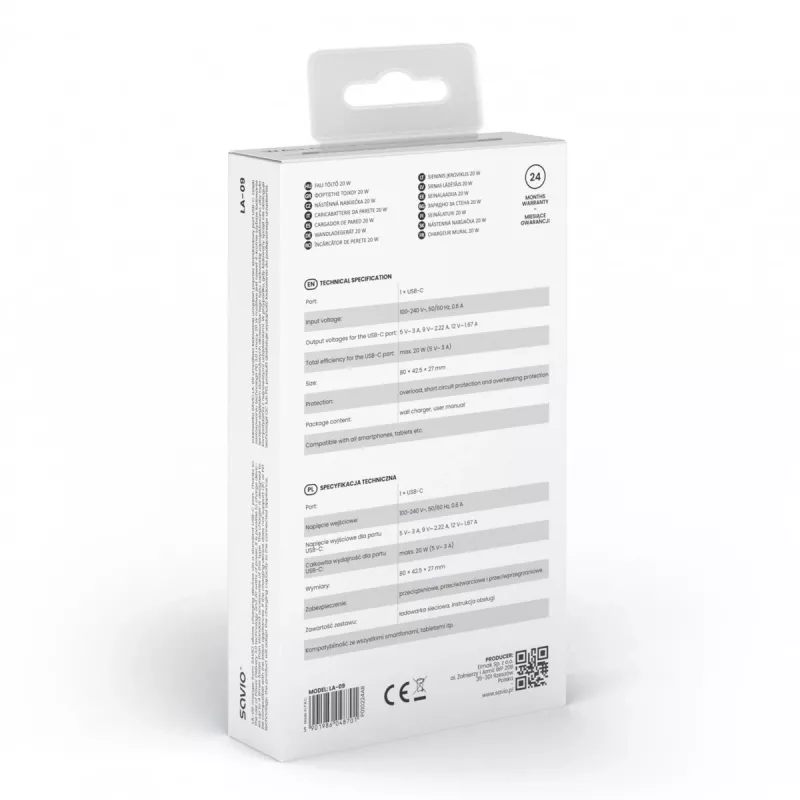 Wandladegerät 20W LA-09 USB-C QC, PD 3.0 Savio SAVLA-09