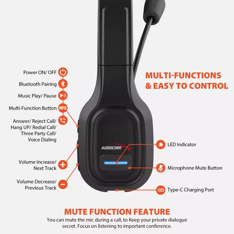 Audiocore 74452 Bluetooth-Headset Kopfhörer Geräuschunterdrückung Mikrofon Call Center Google Siri Büro kabellos